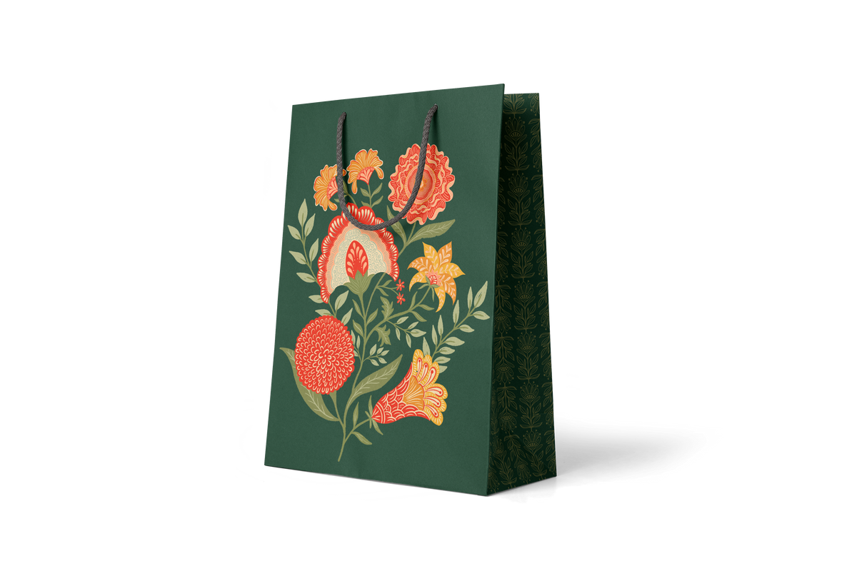 Green Vines Large Gift Bag, hand-illustrated red and gold flowers on winding green vines by Amita Nair