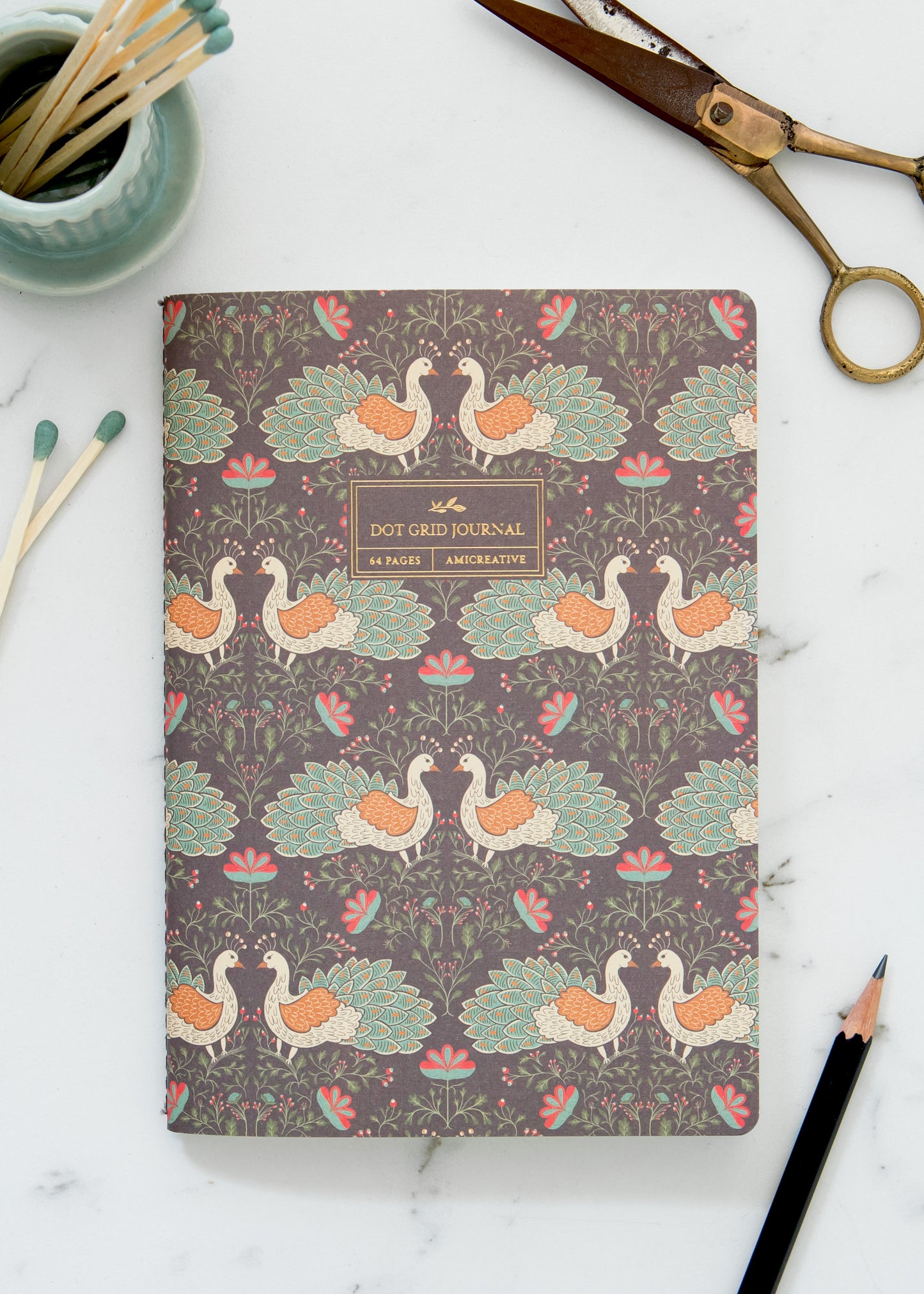 Peacock Garden Stitched Journal with Gold Foil | Dot Grid Notebook