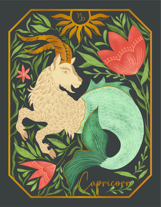 Capricorn Zodiac Garden greeting card front, hand-illustrated by Amita Nair
