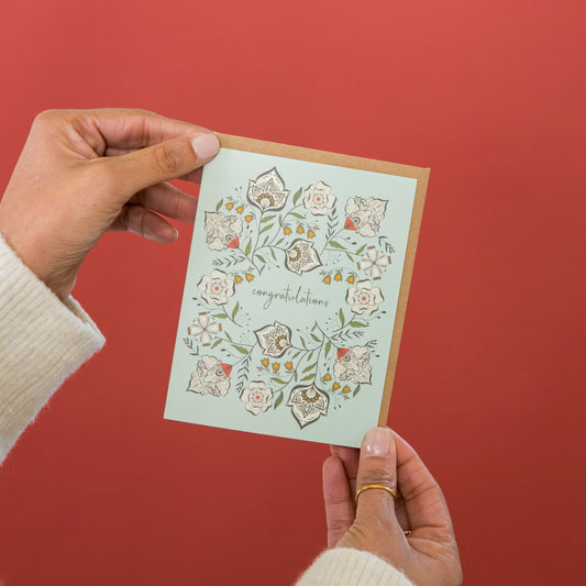 English Garden Congratulations greeting card held in hand