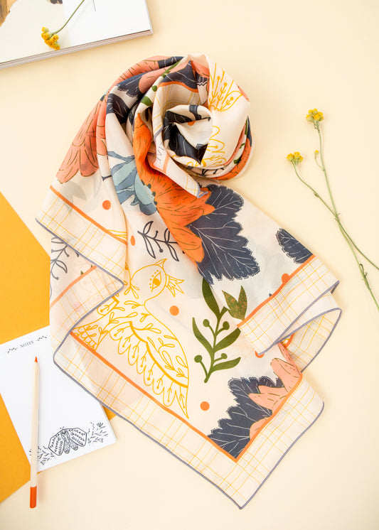 Spring Promises Silk Scarf – Hand-Drawn Bird & Floral Art for Meaningful Gifting