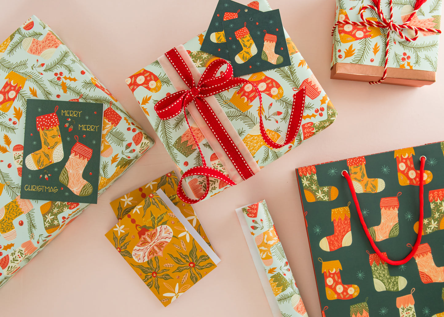 Christmas Morning Stockings Gold Foil Greeting Card