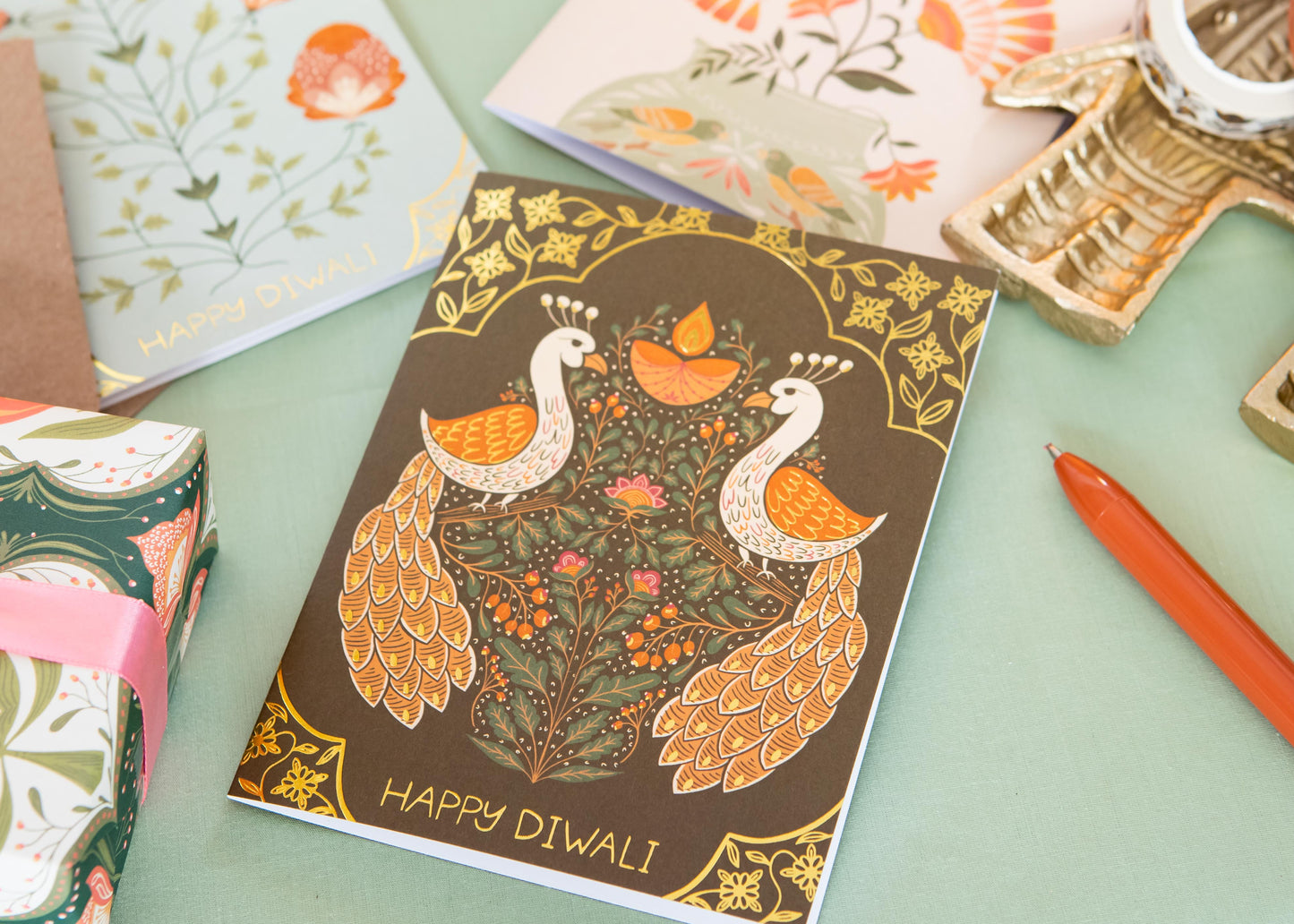 Diwali Birds Gold Foil Greeting Card