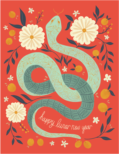 Close-up of the Lunar New Year Snake greeting card featuring a hand-illustrated teal snake winding across a vibrant red background, surrounded by floral motifs and lucky tangerines, with “happy lunar new year” lettering for a festive, symbolic design.