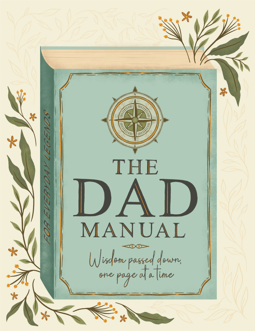 Book titled 'The Dad Manual' with decorative elements on a light background