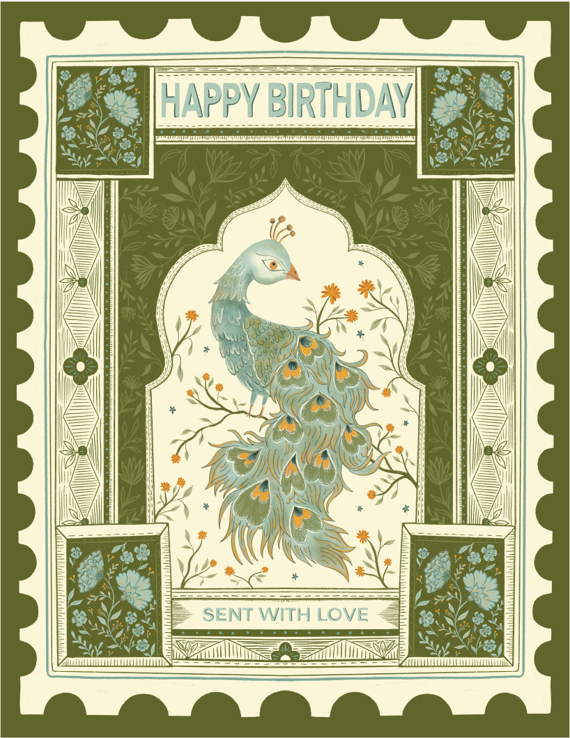 Peacock Stamp Birthday Card