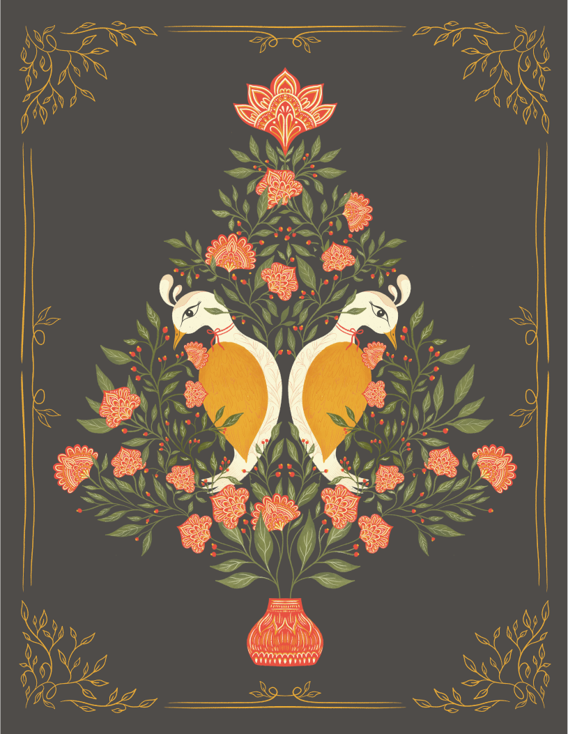 Peacock Christmas Tree Card | Folk Art Holiday Greeting Card