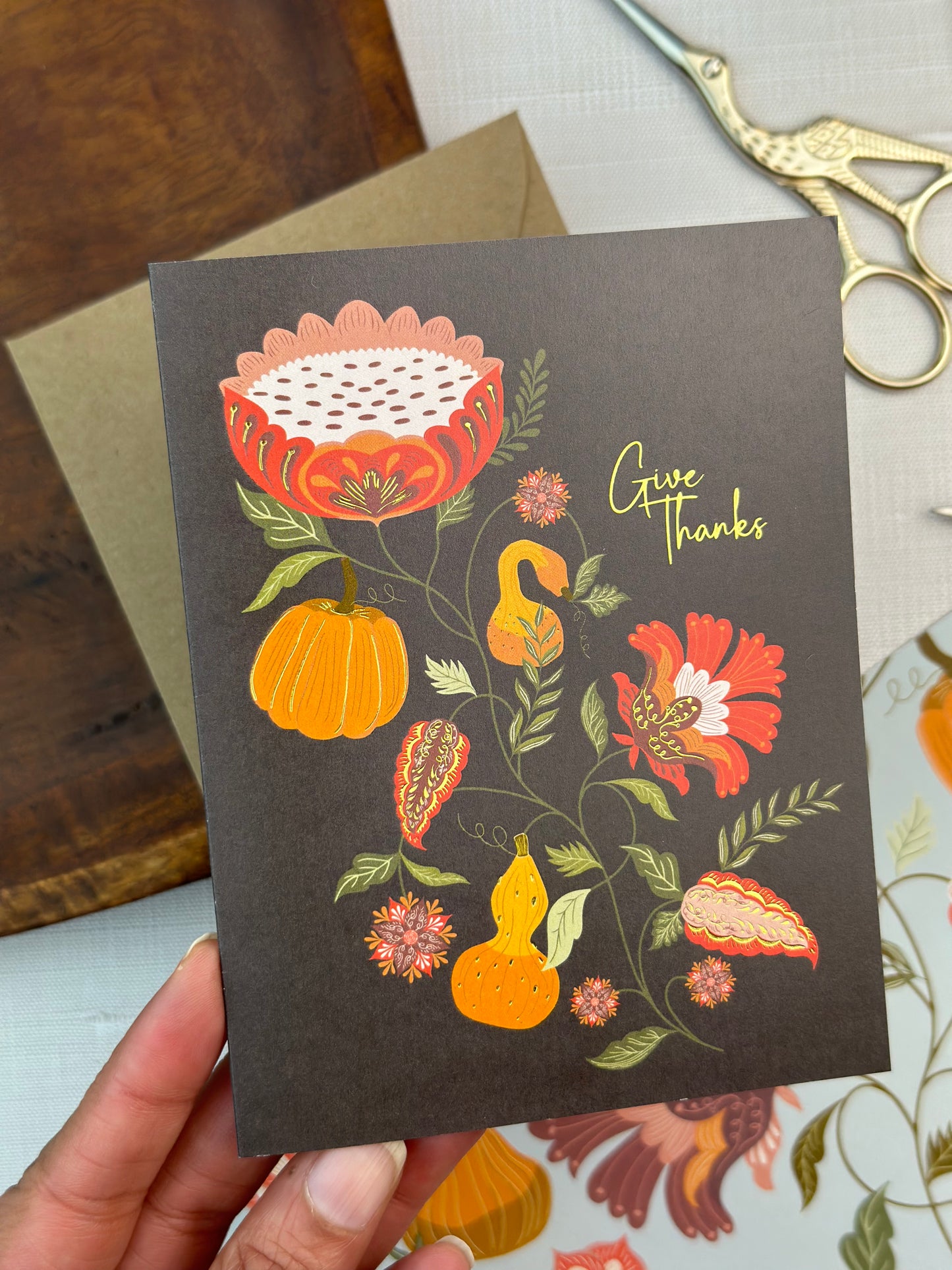 Pumpkin Garden Give Thanks Gold Foil Greeting Card