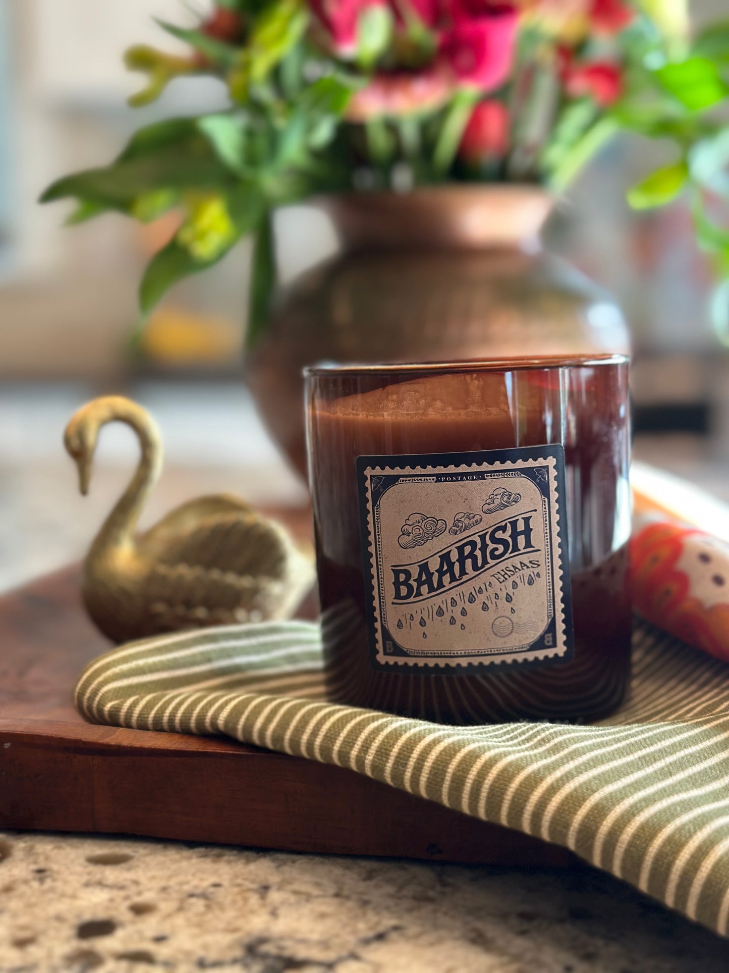 Green Folk Florals Writing Gift Set with Baarish (Rain) Candle – Holiday Stationery Bundle