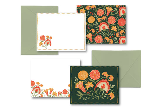 Green Botanical Floral Luxury Stationery Set – 8 Flat Notecards