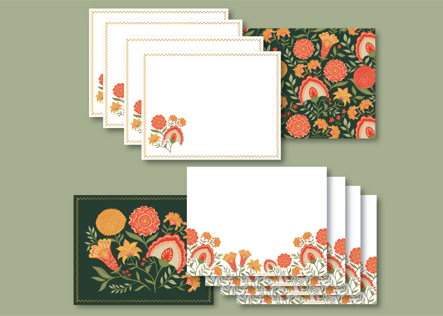 Green Botanical Florals Writing Gift Set with Baarish (Rain) Candle – Holiday Stationery Bundle