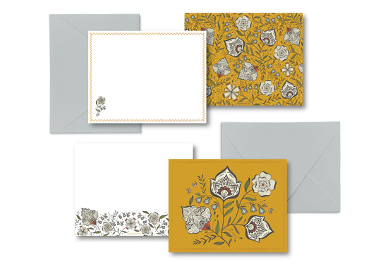 Ochre Yellow Floral Luxury Stationery Set – 8 Flat Notecards