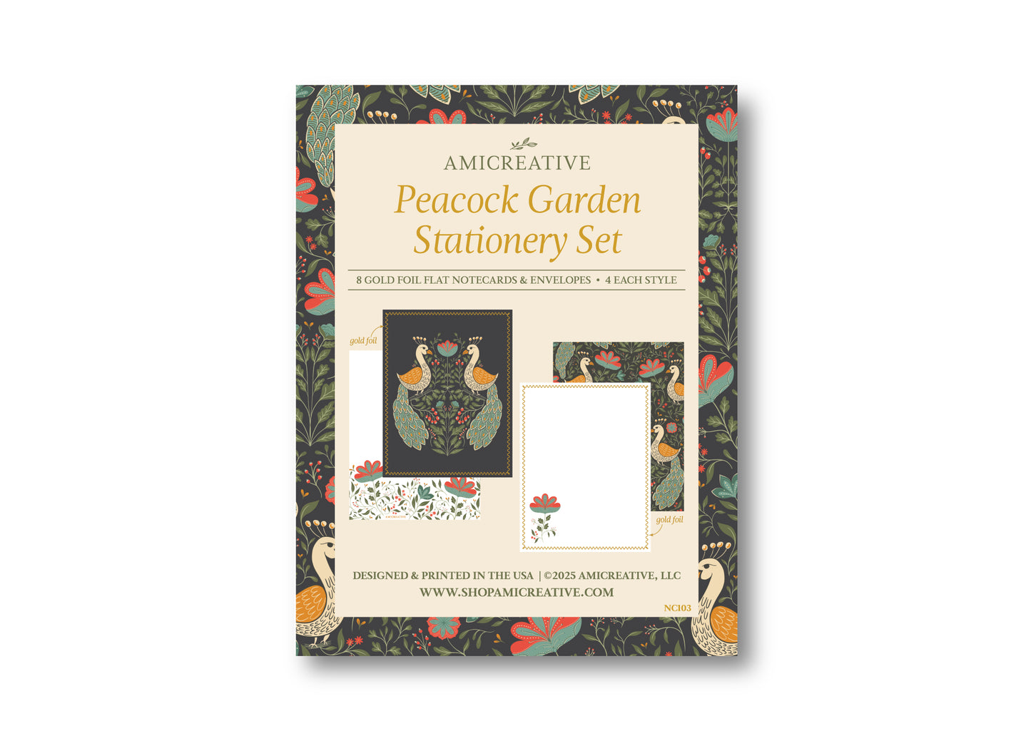 Teal Peacock Floral Luxury Stationery Set – 8 Flat Notecards