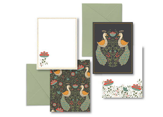 Teal Peacock Floral Luxury Stationery Set – 8 Flat Notecards
