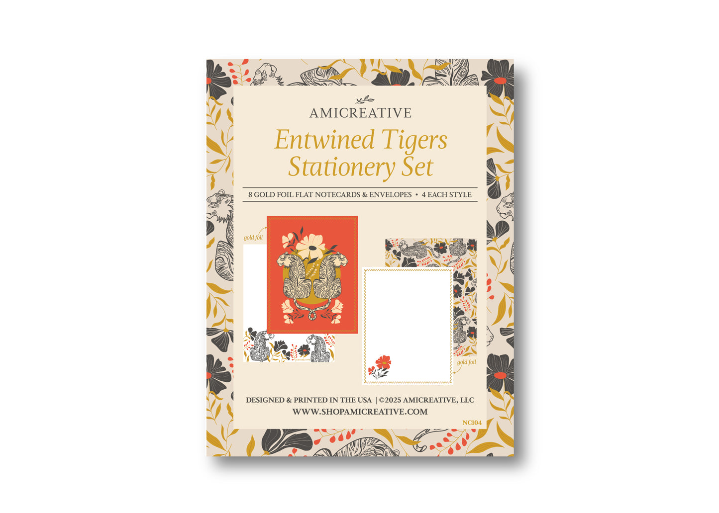 Jungle Tiger Floral Luxury Stationery Set – 8 Flat Notecards