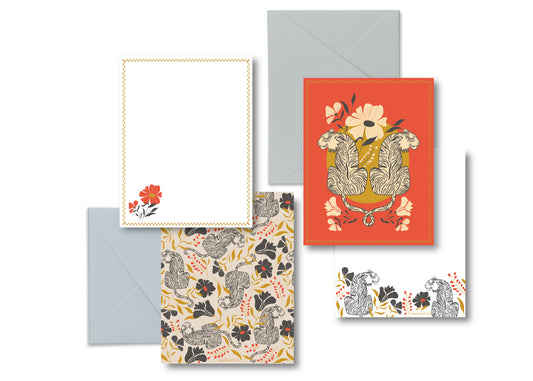 Jungle Tiger Floral Luxury Stationery Set – 8 Flat Notecards