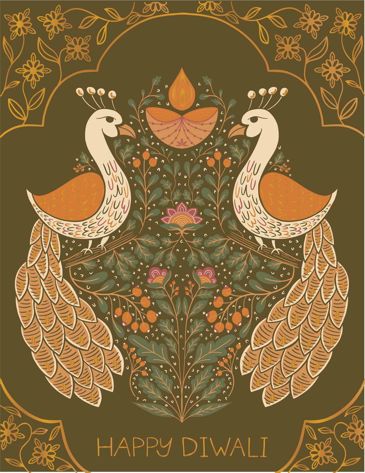 Diwali Birds Gold Foil Greeting Card