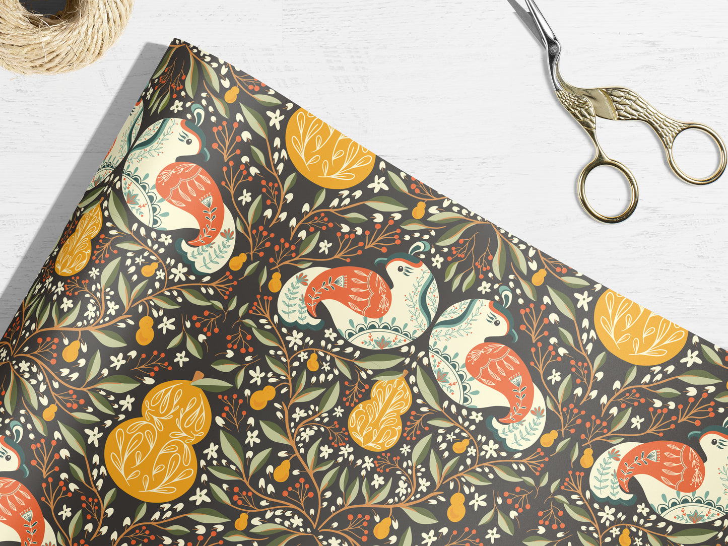 Folk Partridge & Pear Wrapping Paper