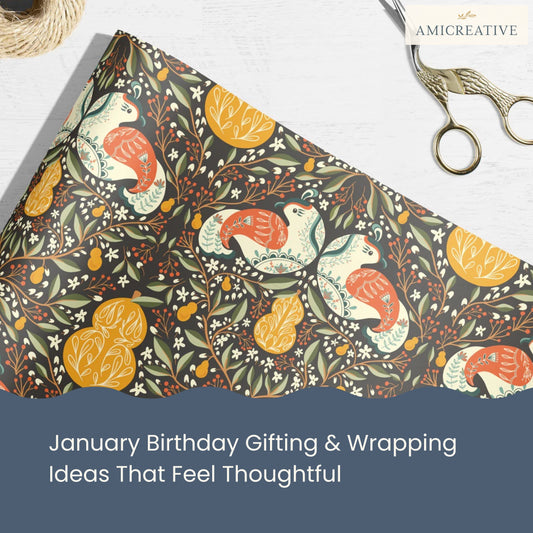 January birthday gift wrap featuring Folk Partridge & Pear wrapping paper with illustrated birds, florals, and branches in earthy tones, styled with scissors and twine.
