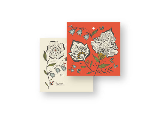 Red Ochre Garden Gift Tags, double-sided hand-illustrated gift tags with cream blooms and butterflies on red ochre by Amita Nair