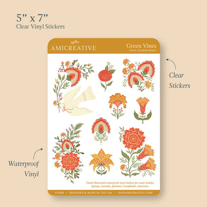 Green Vines Sticker Sheet | Floral Clear Vinyl Stickers