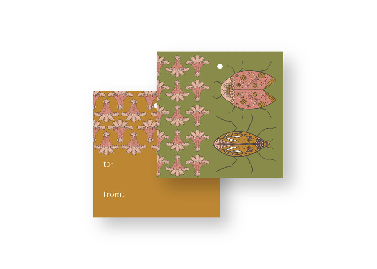 Love Bugs Gift Tags, double-sided hand-illustrated tags with playful beetles and pink florals on green by Amita Nair