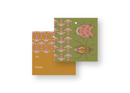 Love Bugs Gift Tags, double-sided hand-illustrated tags with playful beetles and pink florals on green by Amita Nair