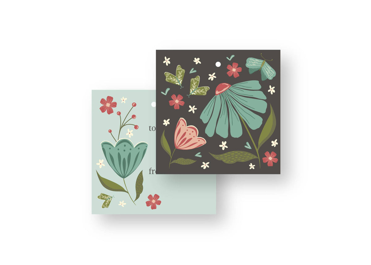 May Flowers Gift Tags, double-sided hand-illustrated tags with blue and red florals and moths by Amita Nair