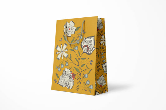 Yellow Orchid Large Gift Bag, hand-illustrated white orchids, blue buds and butterflies on warm yellow by Amita Nair
