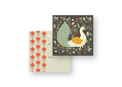 Peacock Garden Gift Tags, double-sided hand-illustrated tags with a graceful peacock and leafy vines by Amita Nair