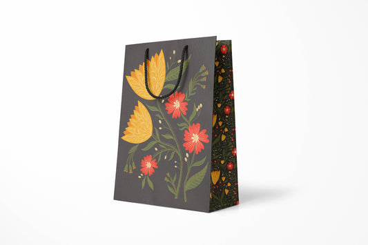 Tulip Garden Large Gift Bag, hand-illustrated yellow tulips and red flowers on dark gray by Amita Nair