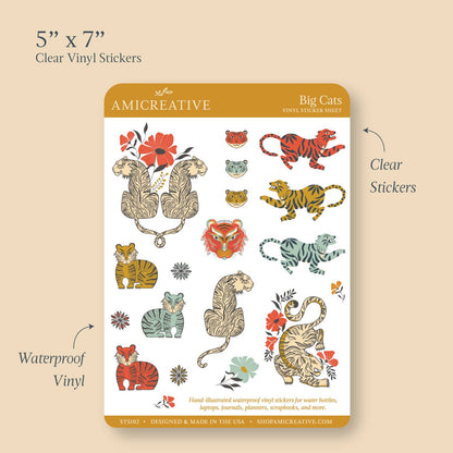 Big Cats Sticker Sheet | Tiger Clear Vinyl Stickers