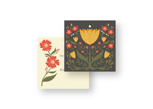 Tulip Garden Gift Tags, double-sided hand-illustrated tags with a golden tulip on charcoal by Amita Nair