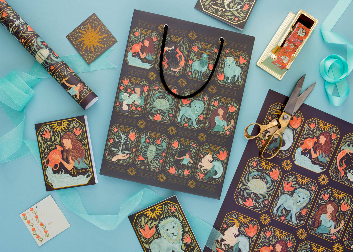 Zodiac Sun Gift Tags, double-sided hand-illustrated gift tags by Amita Nair
