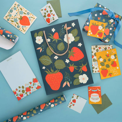 Strawberry Garden Large Gift Bag detail, hand-illustrated strawberries and leafy vines on teal by Amita Nair