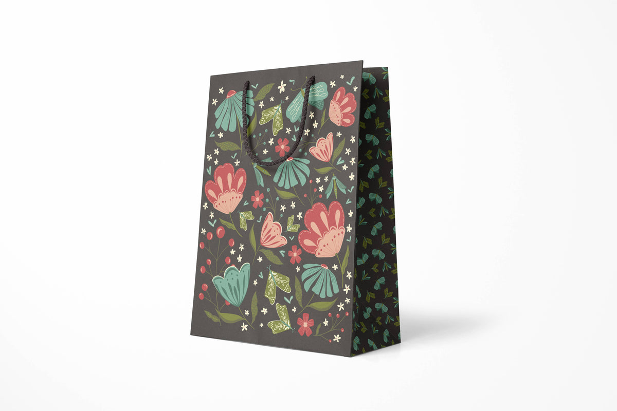 May Flowers Large Gift Bag, hand-illustrated pink and teal flowers on dark gray by Amita Nair
