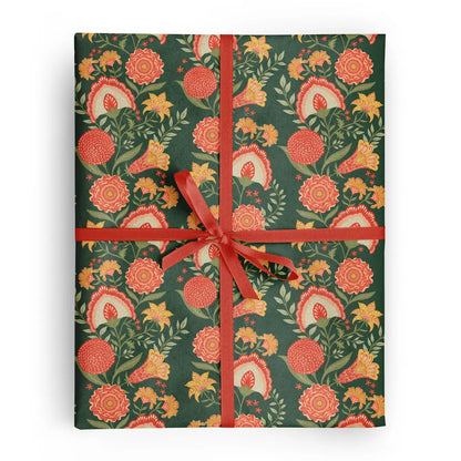 Green Vines Folk Wrapping Paper styled for gifting, hand-illustrated block-print-inspired florals on winding green vines by Amita Nair