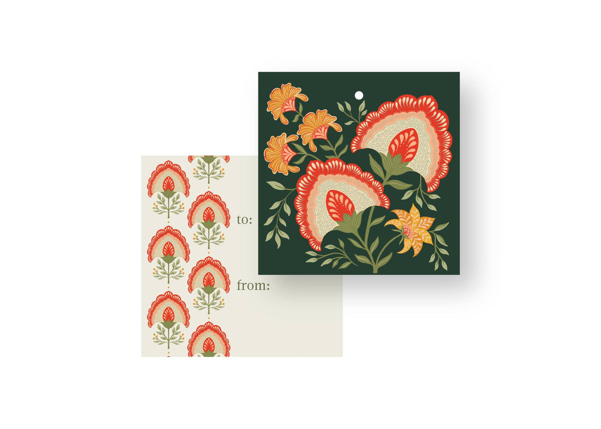 Green Vines Garden Gift Tags, double-sided hand-illustrated tags with folk florals on deep green by Amita Nair
