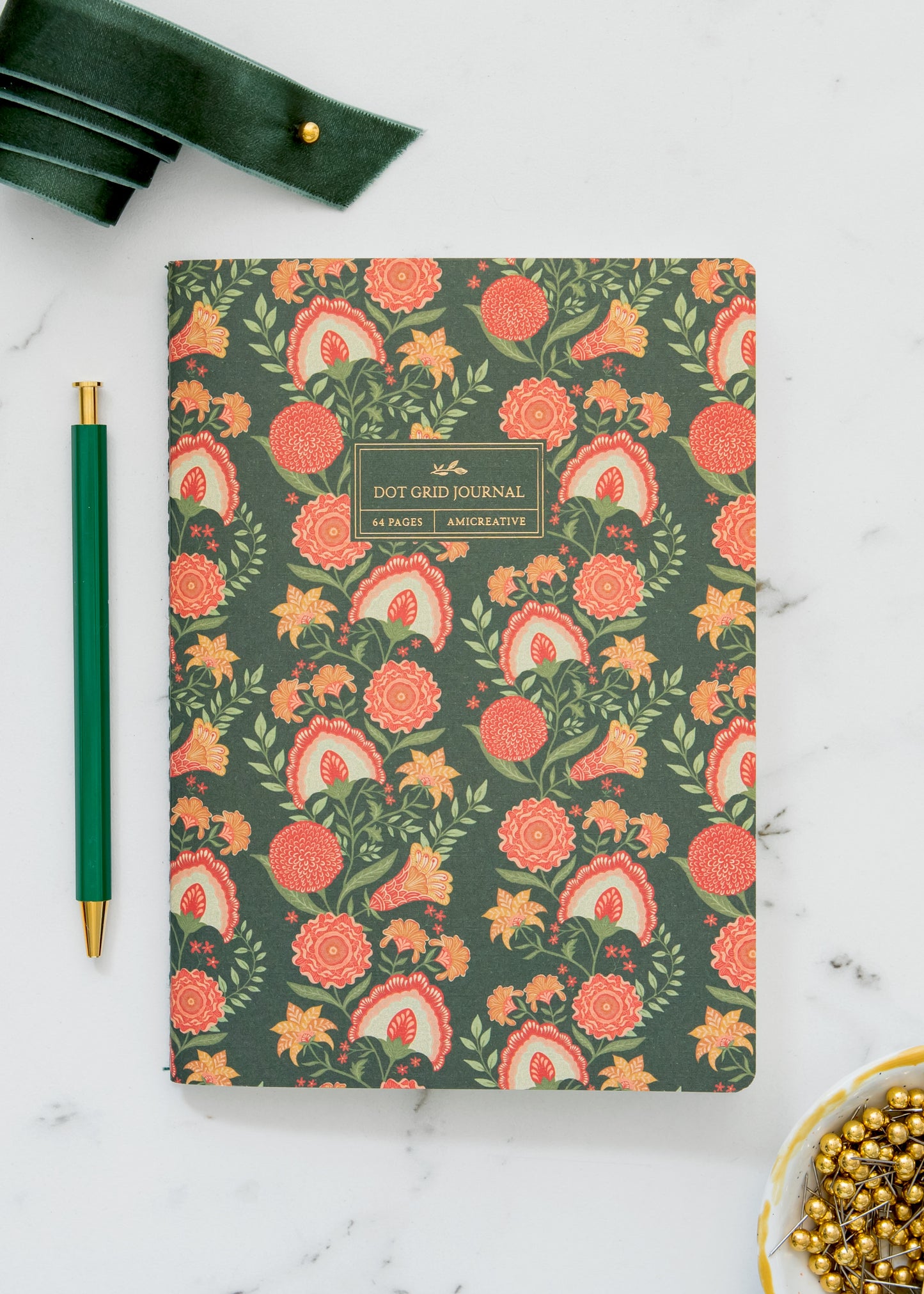Green Floral Stitched Journal with Gold Foil | Dot Grid Notebook