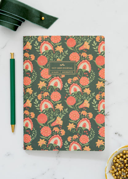 Green Floral Stitched Journal with Gold Foil | Dot Grid Notebook