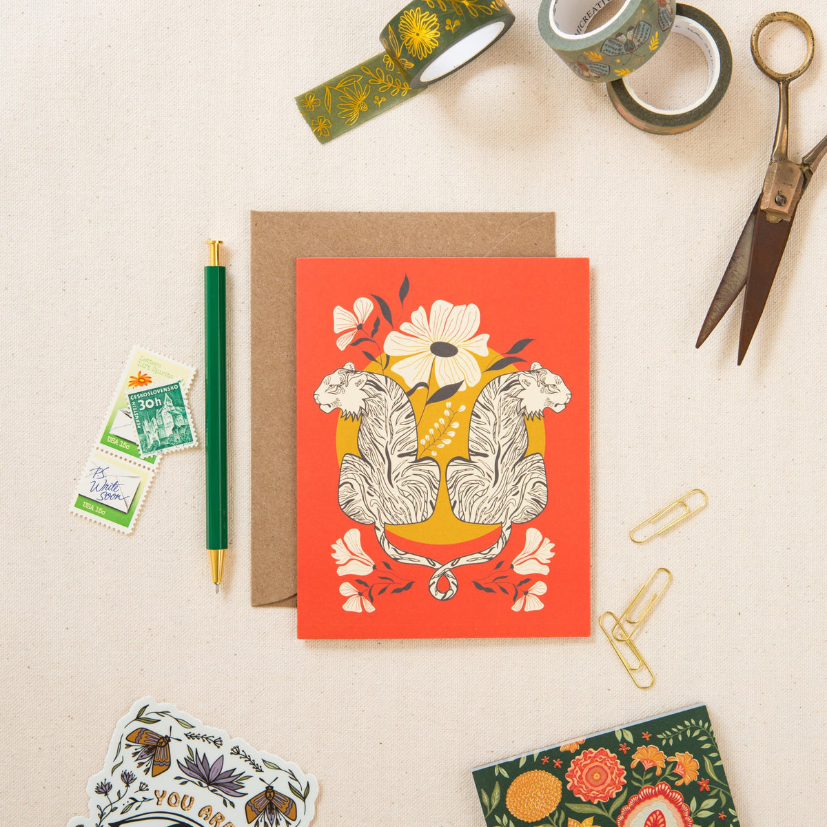 Intwined Tiger greeting card on linen, hand-illustrated by Amita Nair