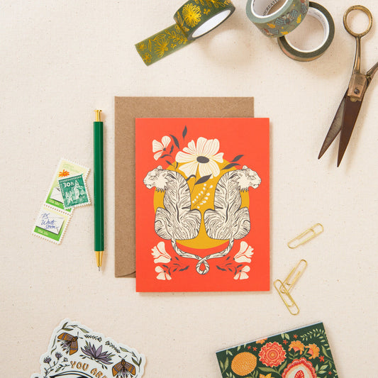 Intwined Tiger greeting card on linen, hand-illustrated by Amita Nair