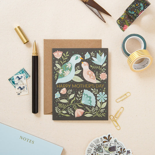 Mother's Day Birds & Blooms greeting card on linen, hand-illustrated by Amita Nair
