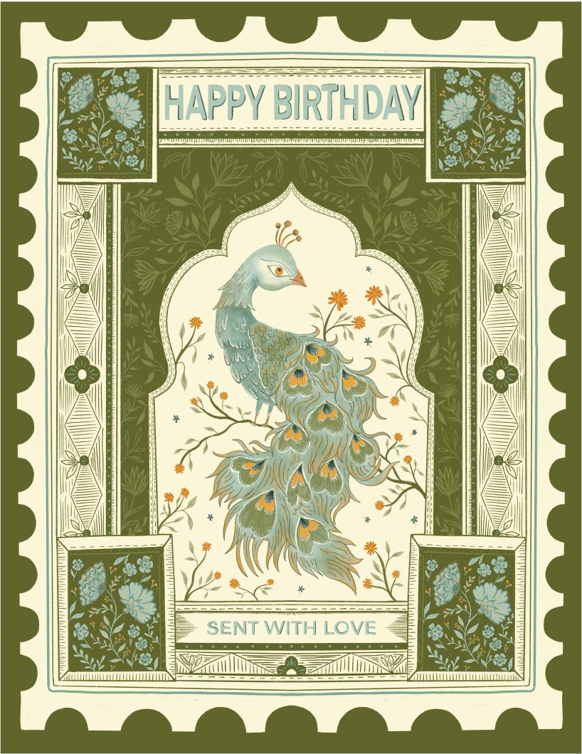 Peacock Stamp Birthday greeting card front, hand-illustrated by Amita Nair