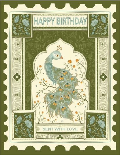 Peacock Stamp Birthday greeting card front, hand-illustrated by Amita Nair