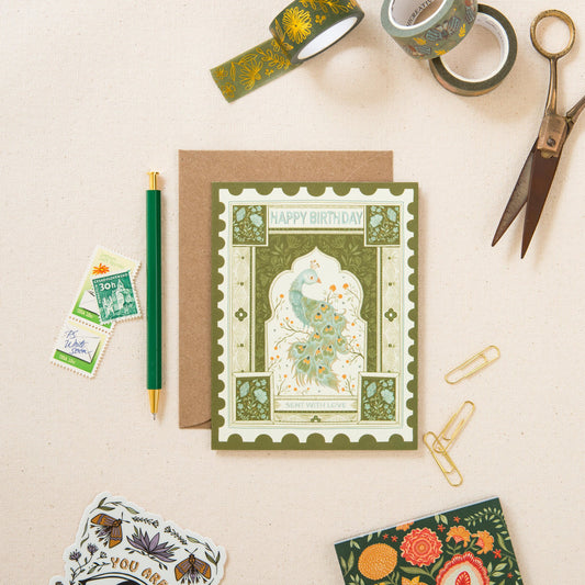 Peacock Stamp Birthday greeting card on linen, hand-illustrated by Amita Nair