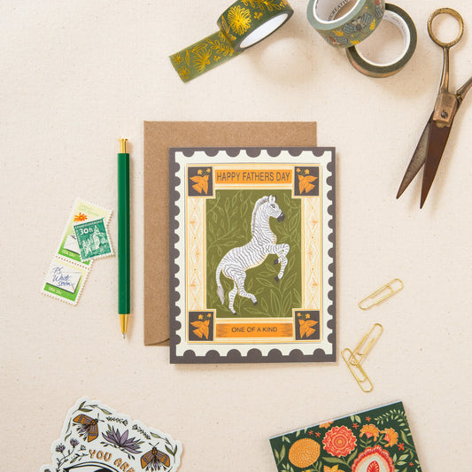 Zebra One of a Kind Father's Day greeting card on linen, hand-illustrated by Amita Nair