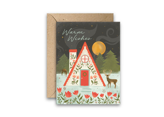 Warm Winter Cabin Christmas greeting card with envelope