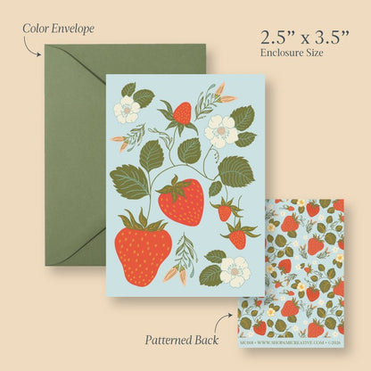 Strawberry mini card size guide showing the 2.5 x 3.5 inch card, envelope and patterned back