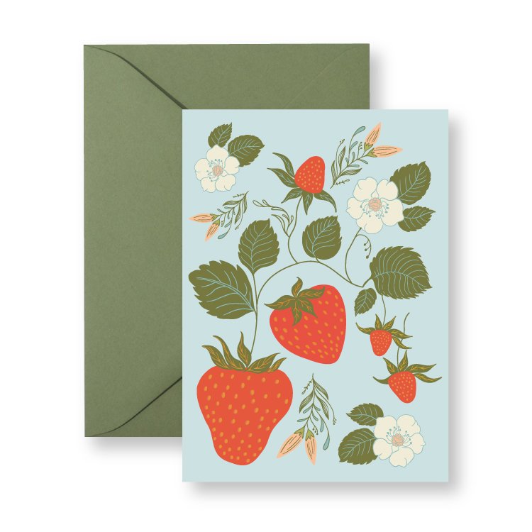 Strawberry mini card with envelope, hand-illustrated by Amita Nair